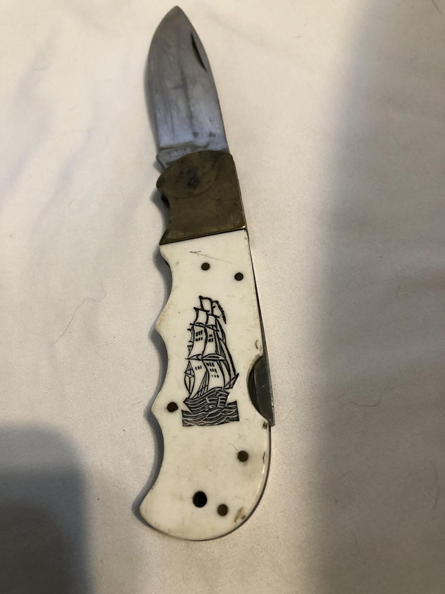 vintage folding pocket knife Stainless Pakistan White with brass