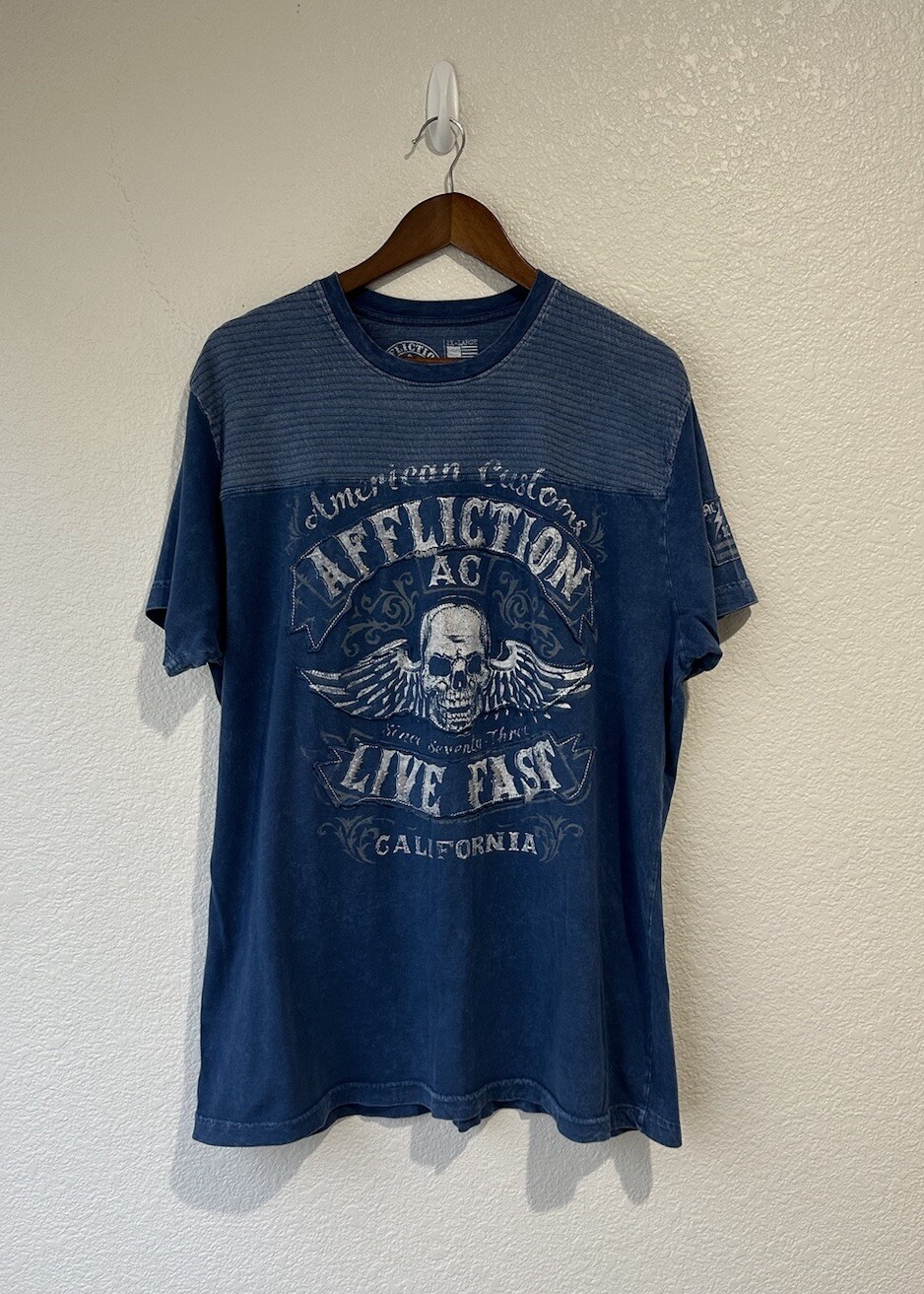 Affliction Shirt Adult Size 2XL Blue Live Fast Graphic Cyber Gothic Tee Mens