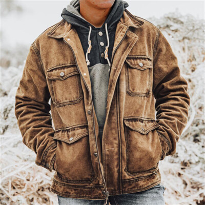 Men Retro Jacket Cargo Jacket Casual Long Sleeve Baggy Polyester