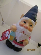 HOLIDAY TIME 11" LIGHT-UP TABLETOP GNOME W/BLUE HAT PLASTIC BLOW MOLD NEW W/TAG