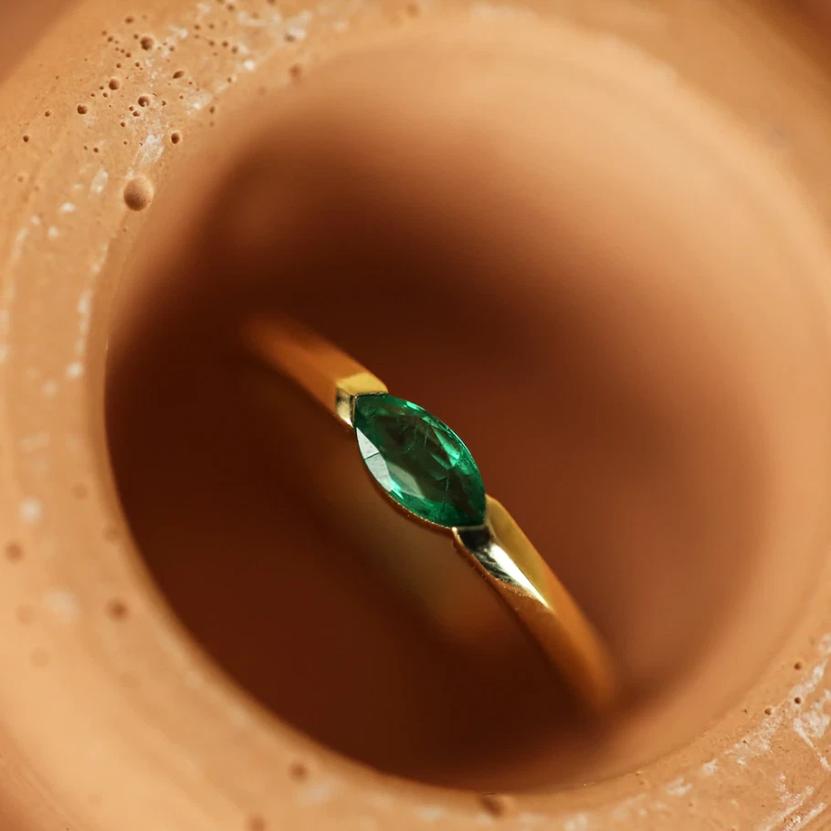 Goldring 14K 585 Rosegold Marquise Schliff Smaragd Ring echt und natürlich  - Bild 2 von 3