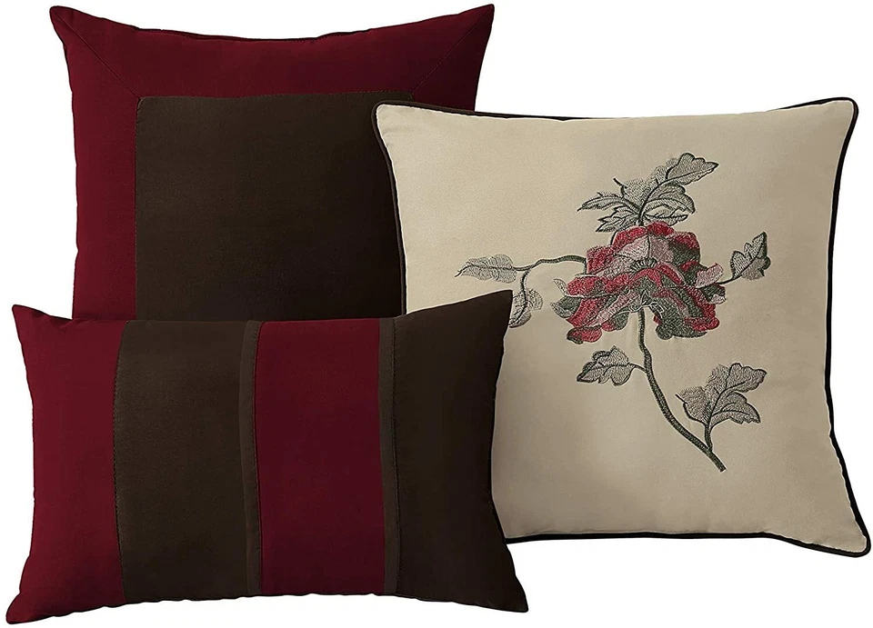 7-Piece Burgundy Brown Taupe Bedding Set Embroidered Floral Comforter Set - Image 4 of 4