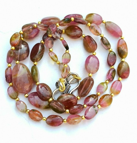 Natural Tourmaline Oval Smooth Beads 138 Carat 925 Silver 22" String Necklaces - Picture 2 of 7