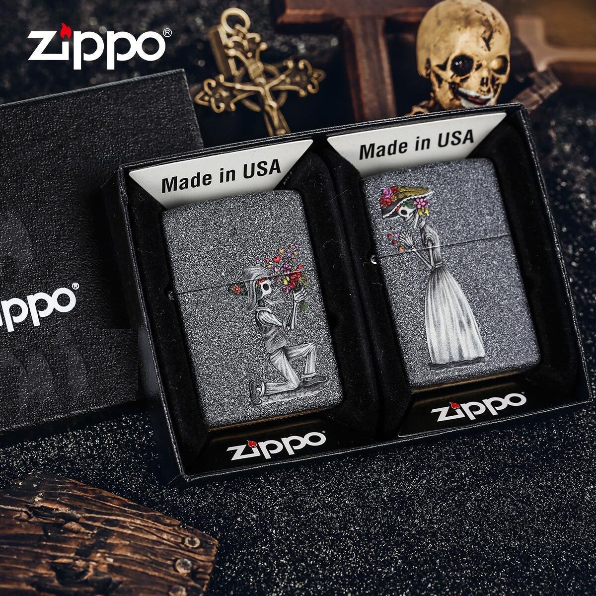 Iron Stone Couple 2 Tale Of Love Lighters Gift Boxed 100% Genuine