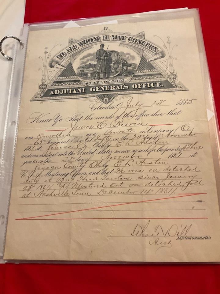 1240 GUERRA CIVIL OHIO 65º CERTIFICADO VETERANOS INFANTERÍA 1885 OFICIAL 1861 Hasta 64 Foto 2 de 4