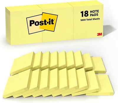 Post-it Notes, 3x3 in, 18 Pads, Canary Yellow, Clean 18 Yellow