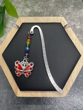 3.5" Handmade Silver-tone Etched Metal Hook Bookmark Beaded Charm Butterfly 13