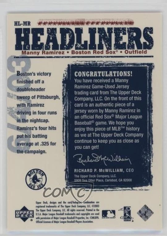 2004 Upper Deck Headliners Jerseys Manny Ramirez #HL-MR - Image 2 of 2