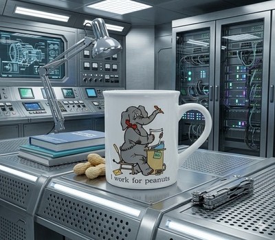 Vintage Papel I Work For Peanuts Elephant Mug Japan Office Humor Coffee Cup