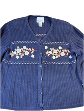 Christopher And Banks Women  s Size Medium Hand Embroidered Cardigan Navy Blue
