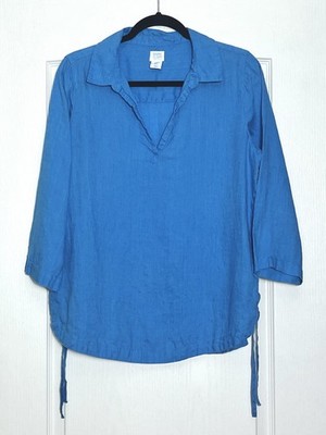 Sigrid Olsen Linen Popover Tunic Top Size M Blue 3/4 Sleeves Side Ties Coastal