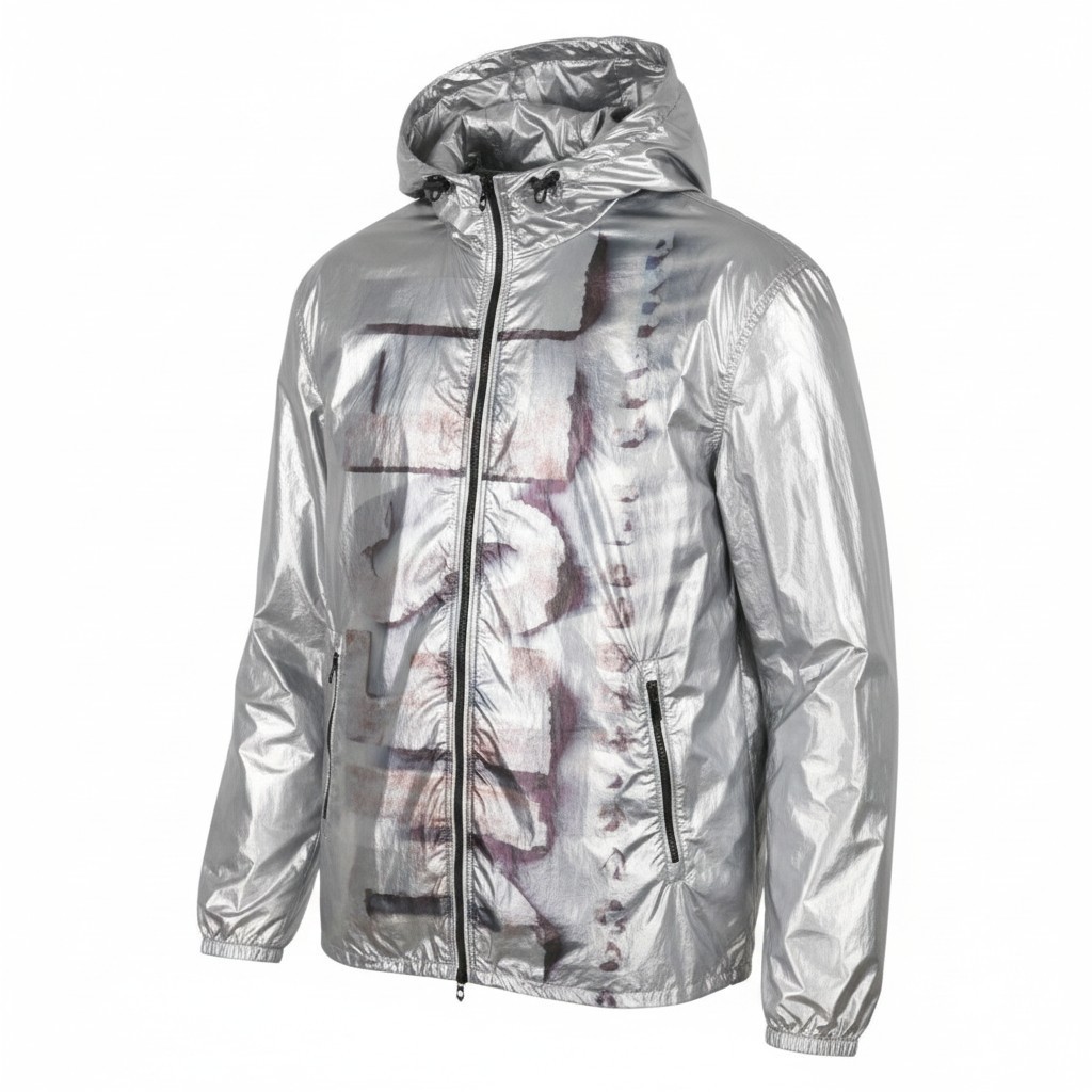 DIESEL J-Otte Herrenjacke 52 Glänzend Silber Kapuzen Windbreaker Leicht