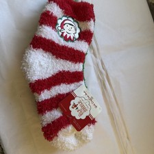 Kids Novelty Christmas Fuzzy Cozy Socks 2 Pair Red Striped w Elf  Green/Red