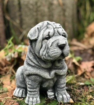 Frostfeste Steinfigur Shar-Pei Hund Gartenfigur Steinguss 16 cm wetterfest