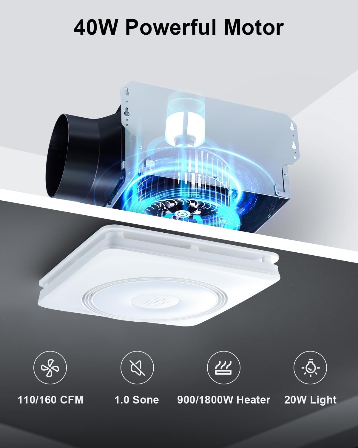 GROWNEER Bathroom Fan with Bluetooth 160 CFM Sperker, White 