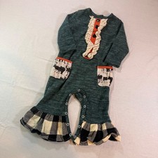 Ricrac Ruffles Romper Baby 12M Green Plaid Moose Ruffle Cottagecore Woodland