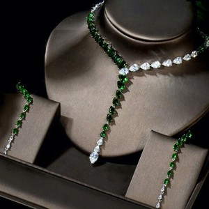 Authentic 20Ct Pear Lab-Created Green Emerald Necklace & Earrings Set 14kWhite Gold Plated