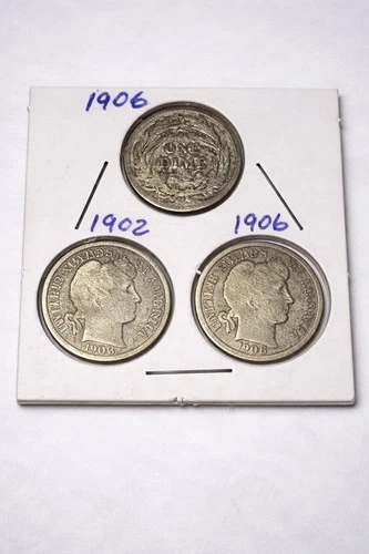 Barber Silver Dime Lot – 1902 & (2) 1906 – 90% Silver – Early U.S....
