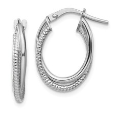 Italian 14k White Gold 3mm x 18mm Small Textured Double Oval Hoop Earrings