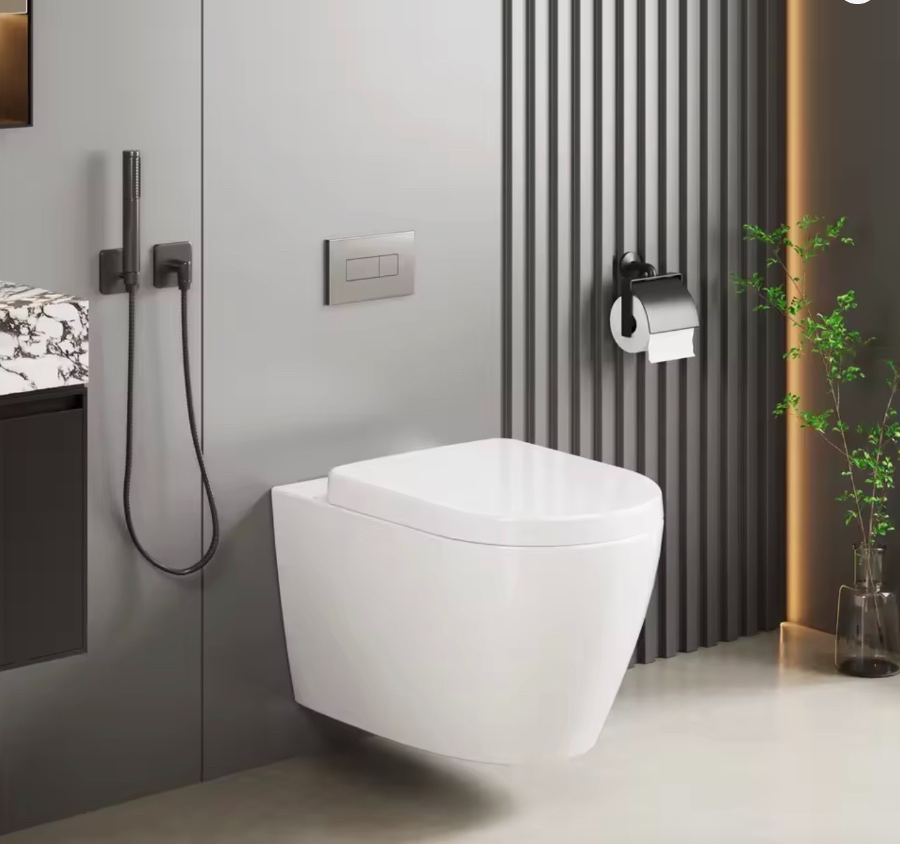 WC suspendu sans bride en céramique blanche luxe avec abattant soft close