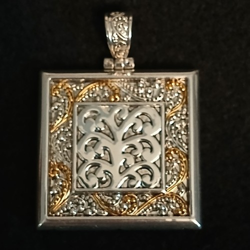 Square Pendant Ornate Gold and Silver Tone Double Sided