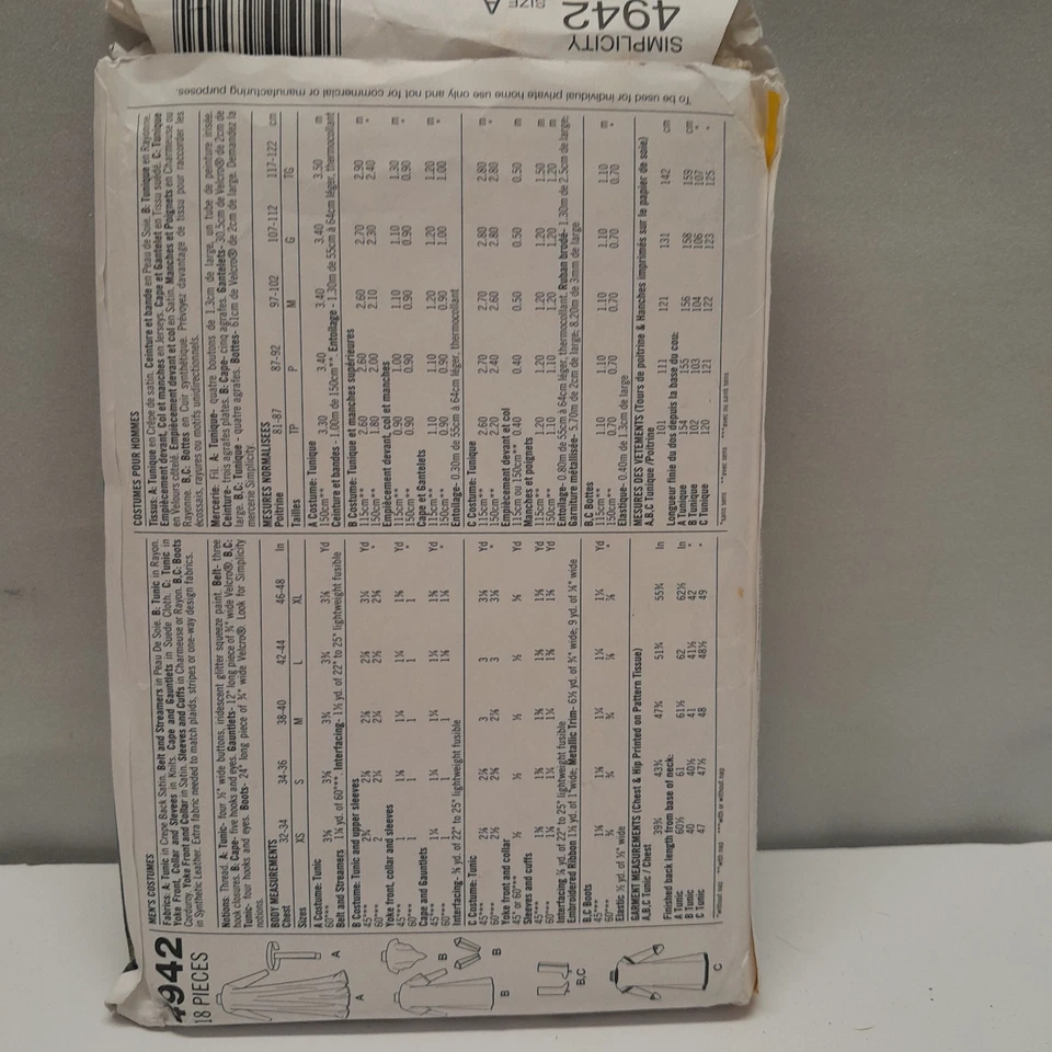 Simplicity 4942 Lord of the Rings / Swordsman, Costume Pattern Men's XS-XL Uncut - Image 2 of 2