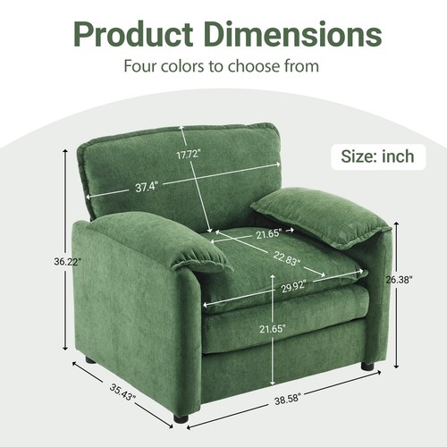 38" Oversized Chenille Lounge Chair - Plush Reading Armchair with Thick Comfort - Picture 5 of 6