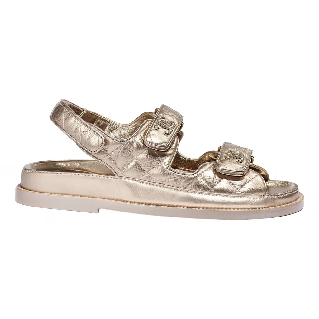 Chanel 21C Bronze Quilted Chain CC Logo Mule Slide Strap Flat Teva
