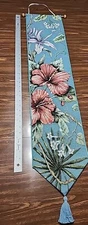 Wall Hanging 40” Floral Hibiscus Brocade Tapestry, Brass Ribbon Top, Blue Tassel