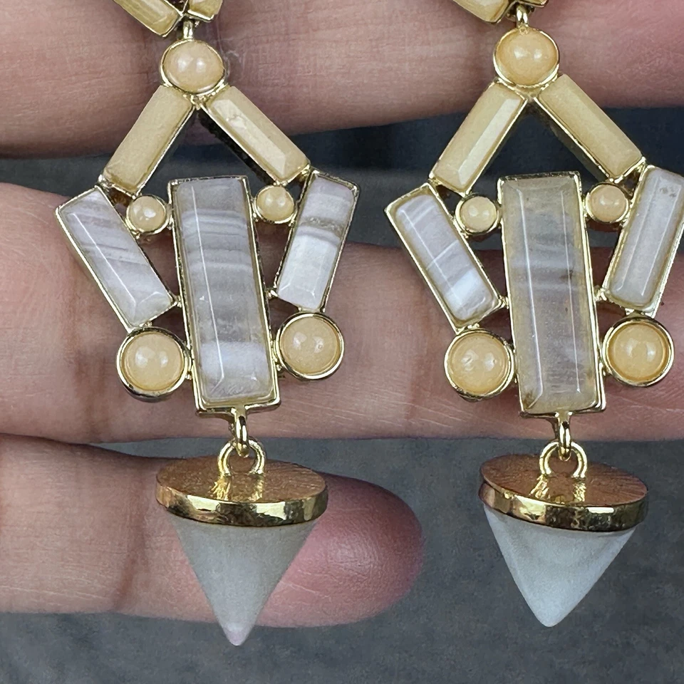 Moda Aretes Colgantes Largos Geométricos Ágata Óptica Cuarzo Chapado en Oro 2" Foto 3 de 4