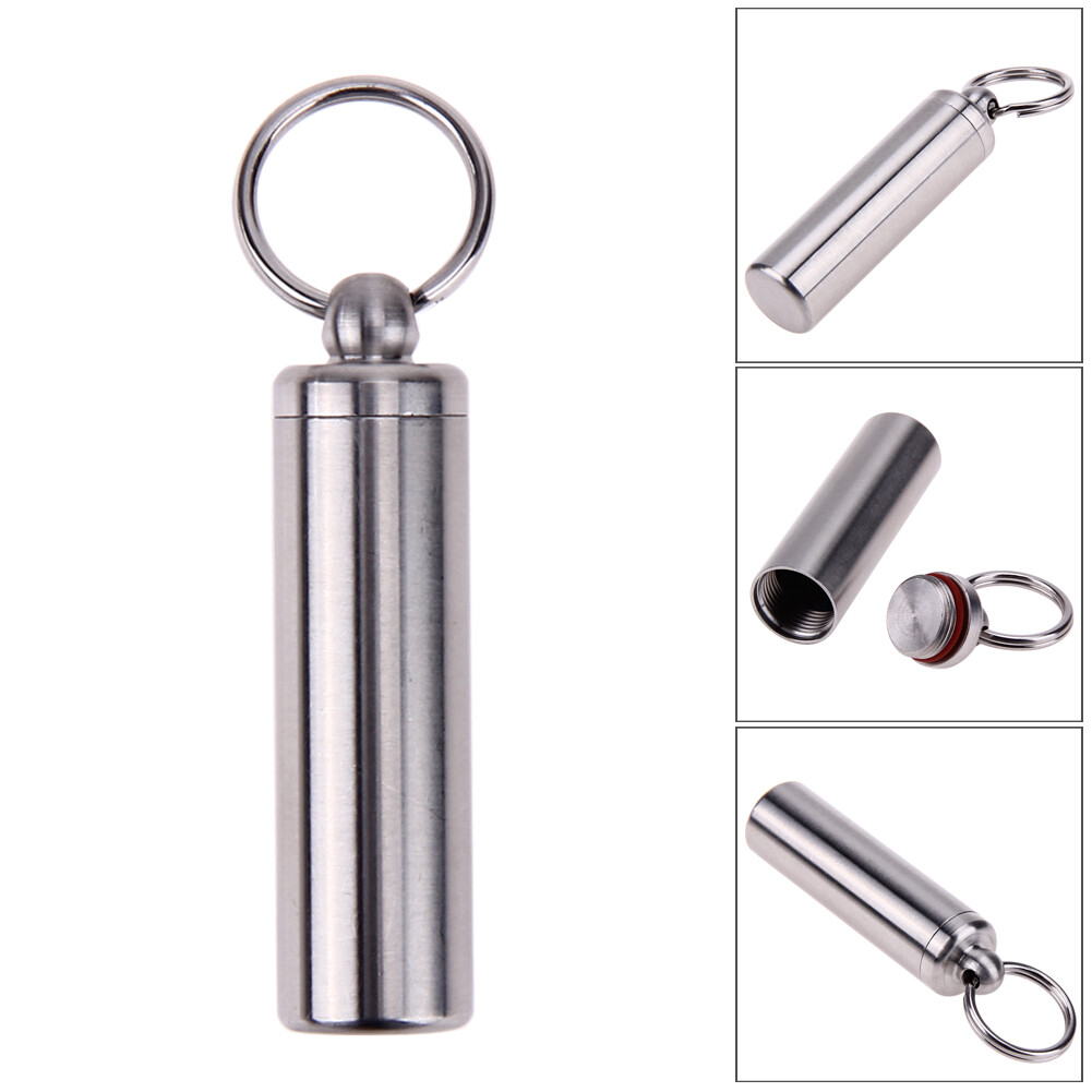 Stainless Steel Pill Box with Keychain Waterproof for Outdoor Camping