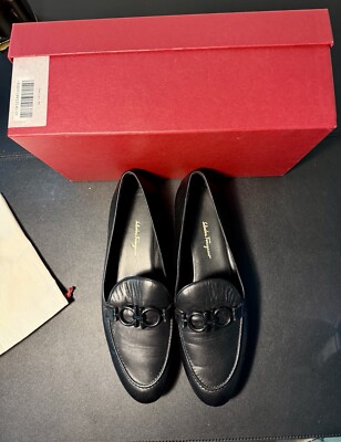 Ferragamo Womens Black Trifoglio Loafers Nero Lamb NIB Dust Bag Receipt Sz 11CEE