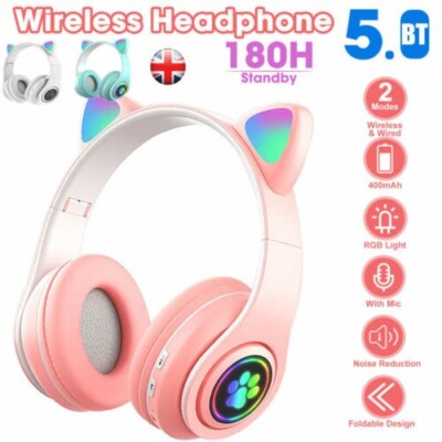 Kinder Kabellose Katzenohr Kopfhörer (Rosa) Bluetooth, LED-Leuchten 