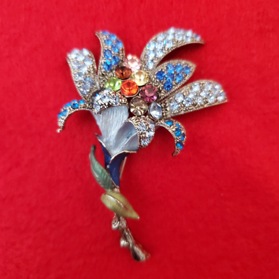 VTG MultiColor Rhinestone Lily Flower 3D Brooch Pin Costume