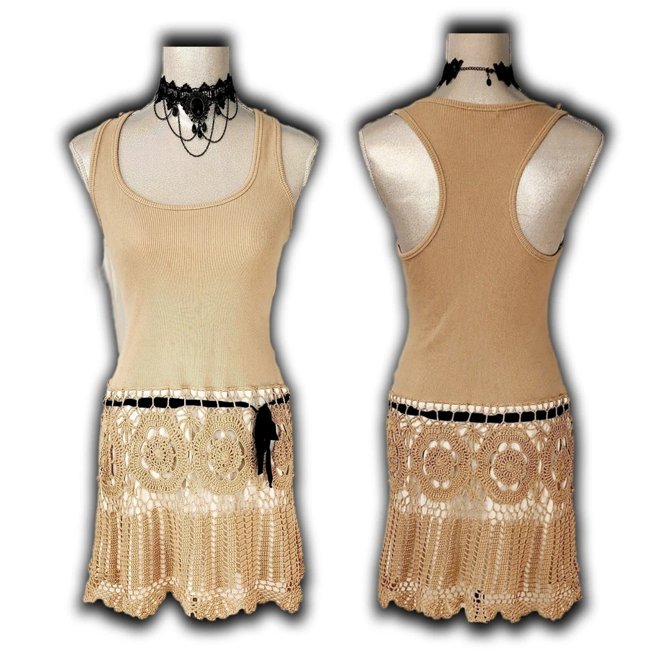 Vestido de ganchillo para mujer XOXO sin mangas beige negro hasta la rodilla talla pequeña Foto 3 de 4