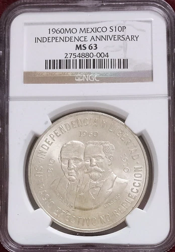 1960 MEXICO .900 SILVER 10 PESOS HEROES of REVOLUTION; GEM NGC MS-63 RADIANT
