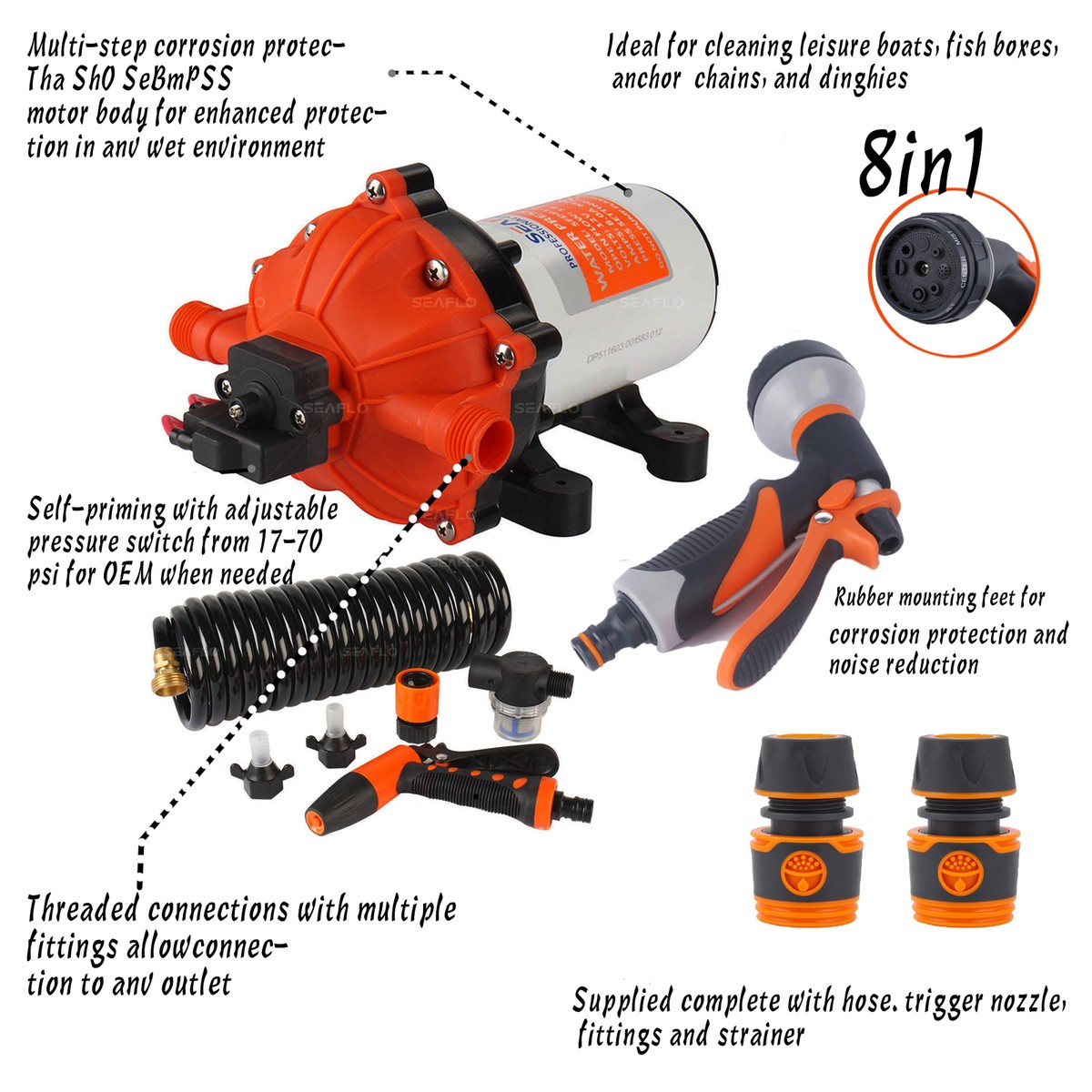 3.0 GPM 70 PSI 12V Washdown Pump Kit - For RV, Boat, Deck, With Hose, Nozzle & Strainer