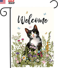Spring Cat Garden Flag Floral Tuxedo Cat Garden Flags for outside Summer Flower