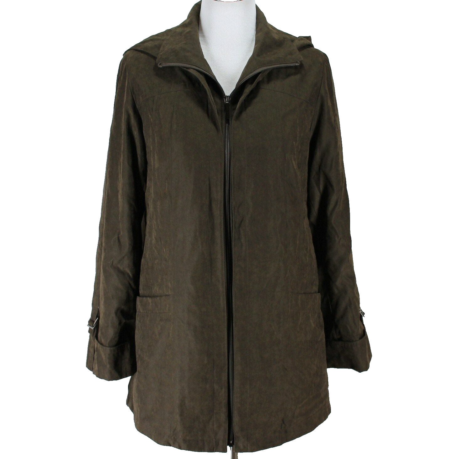 Jones New York Coat Sz S Brown Hooded Zip Front Removeable Lining Side Vents