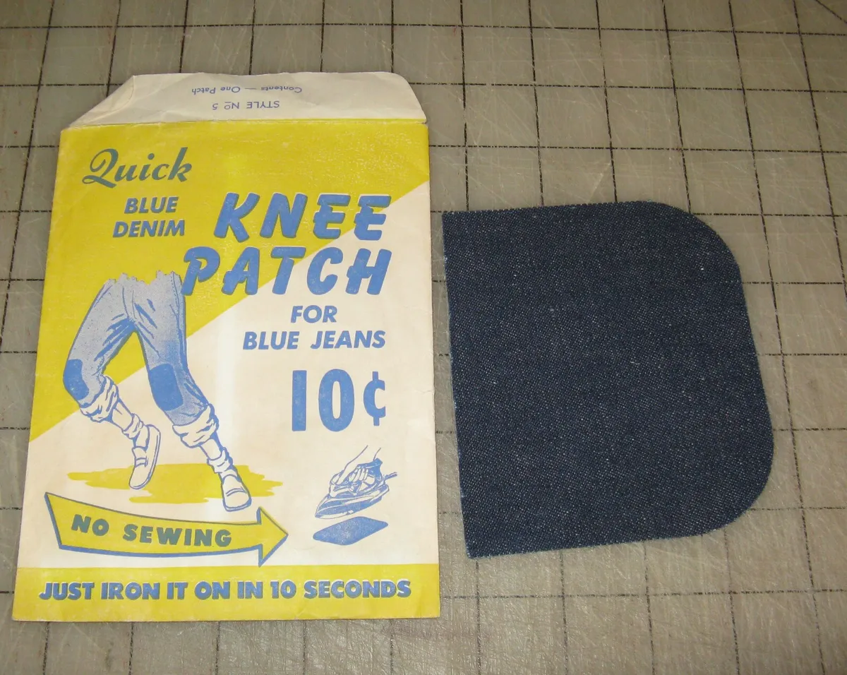 Vintage Quick Line BLUE DENIM Iron On KNEE PATCH in Package