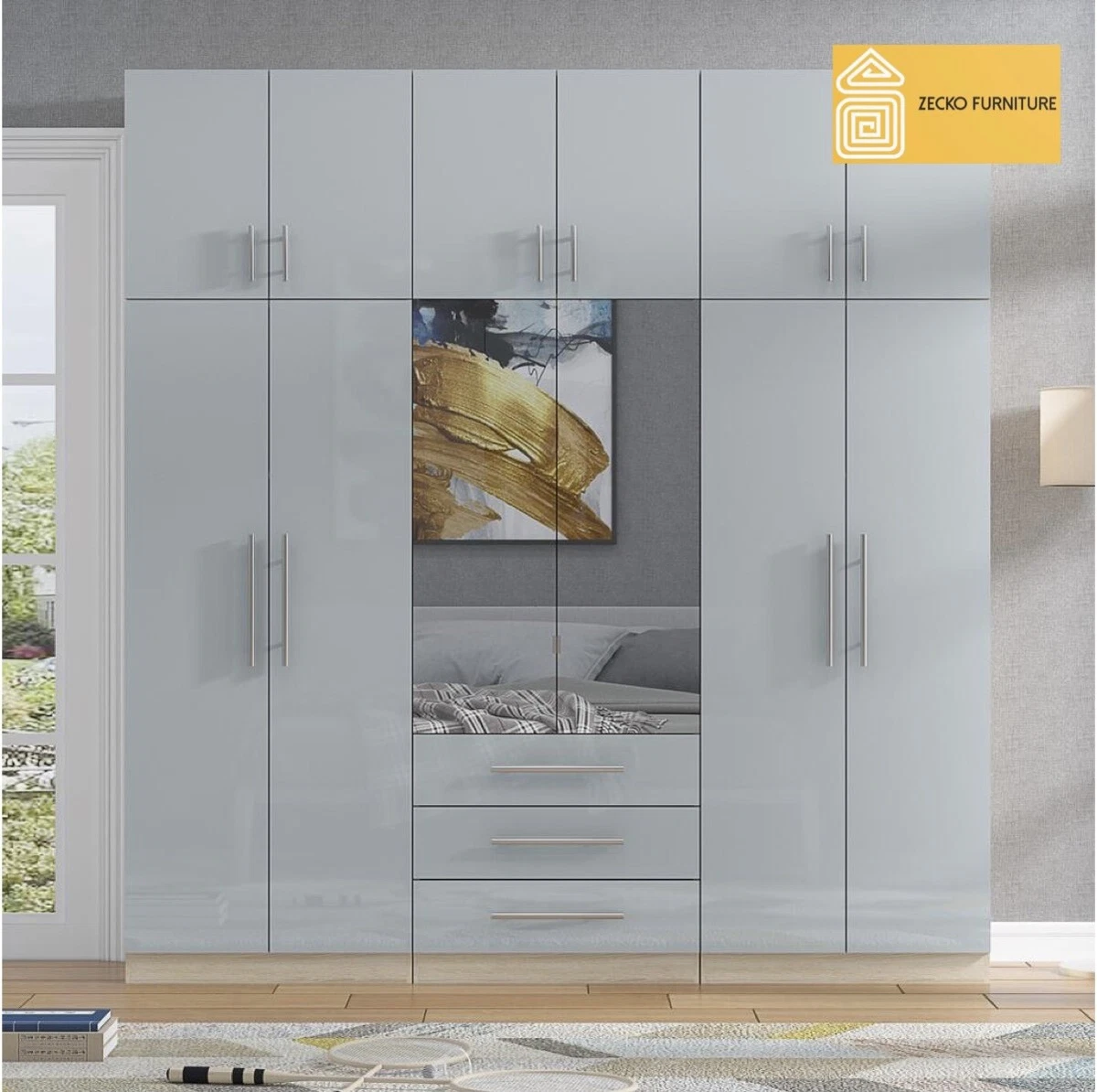 LARGE Modern 6 Door GREY wardrobe Mirrored Fitment with 3 Top Box 3 drawers