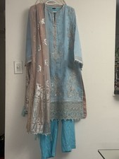 Pakistani Branded Sapphire Blue Cotton Net Shalwar Kameez Fancy Ready To Wear