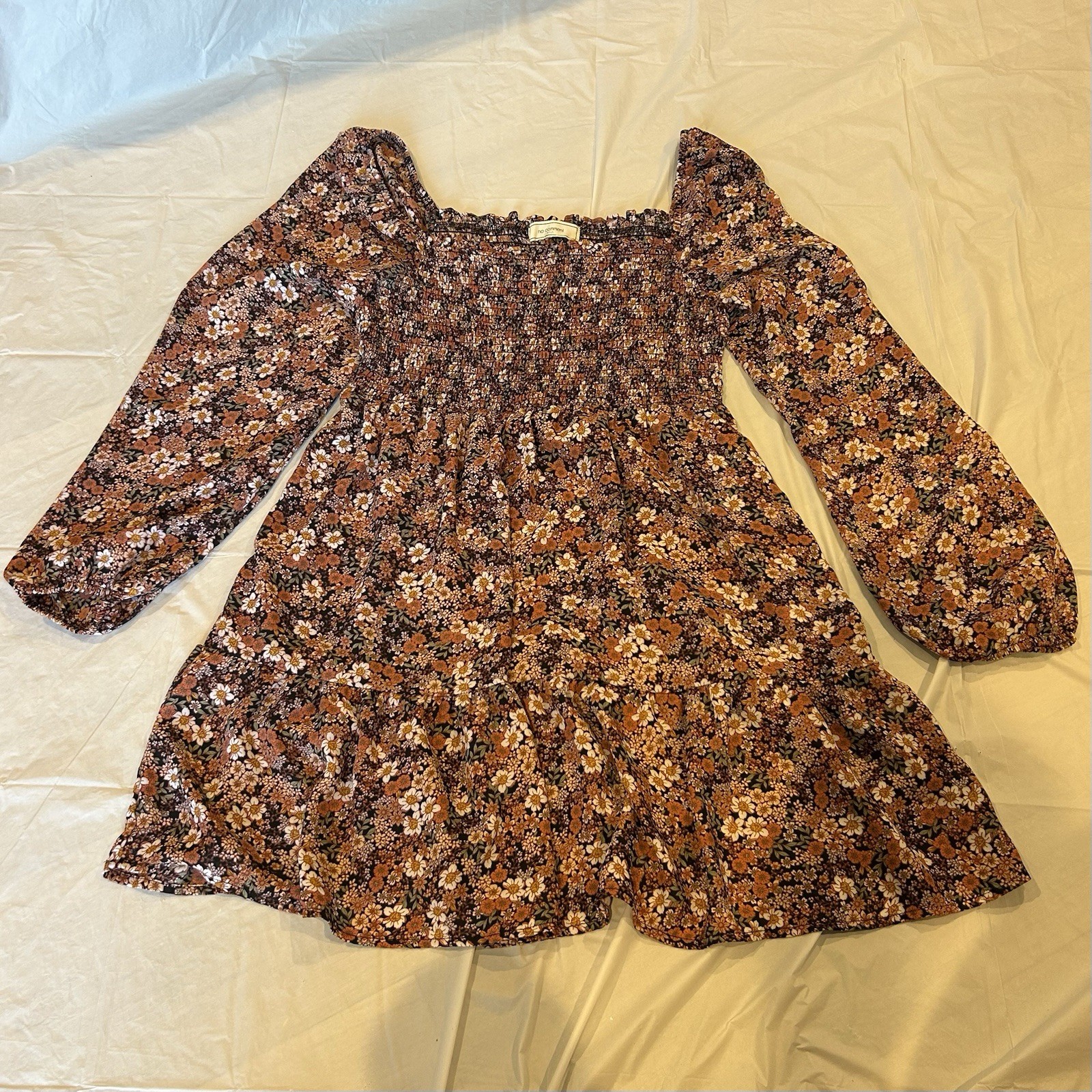 No Comment Boho Floral Smocked Mini Dress Size XL Balloon Sleeve