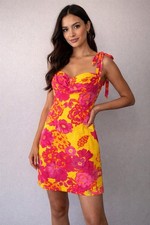 PrettyLittleThing Yellow Pink Floral A-Line Mini Dress Tie Strap Cotton Size 10