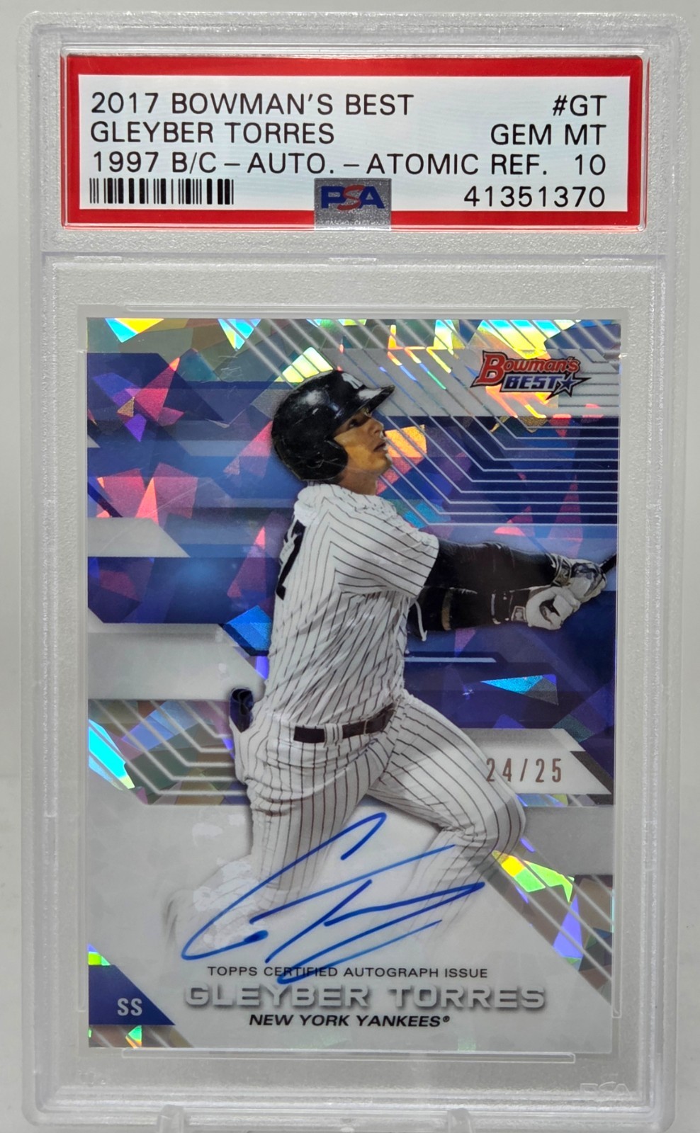 2017 Bowman Best Atomic Refractor Auto GLEYBER TORRES RC CARD/25 PSA 10 GEM MINT view 1