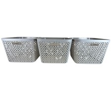 Set of 3 Gray Plastic Woven Lattice Storage Baskets with Handles 11x9.5x7.5