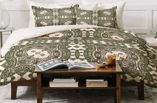 Green/White Boho duvet cover set Queen 90x90 with zip closure and 2 shams
