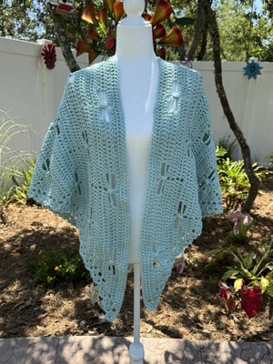 New Handmade Crochet Triangle Dragonfly Shawl Light Blue Green Lightweight Lacy