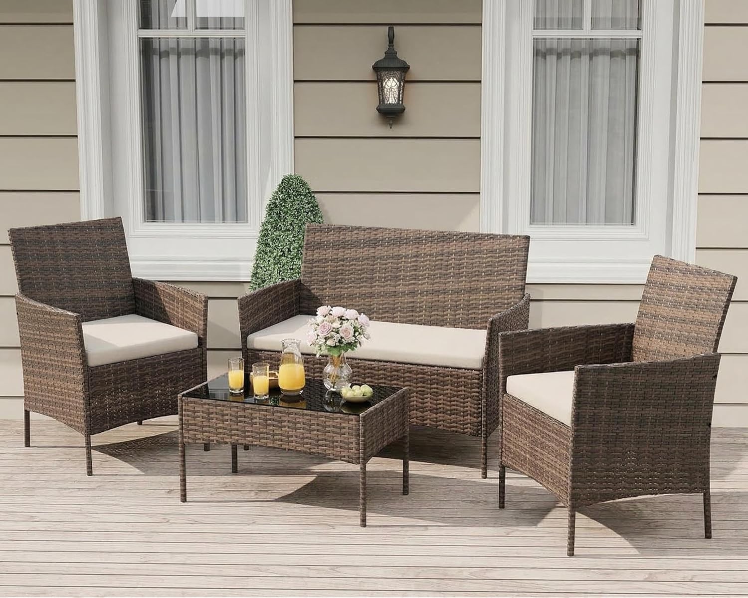 4PCS Outdoor Patio Rattan Furniture Set Cushioned Sofa Coffee Table Deck