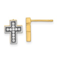 14k Yellow Gold with Rhodium Micro Cubic Zirconia Cross Post Stud Earrings